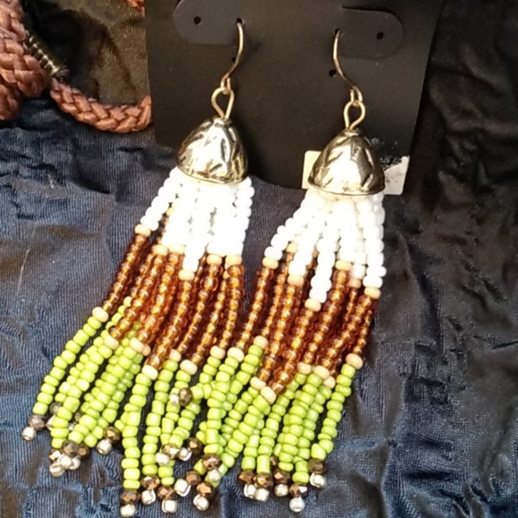 Multiple Strand Sead Bead Tassels Boho Dangling Earrings - Picture 3 of 4